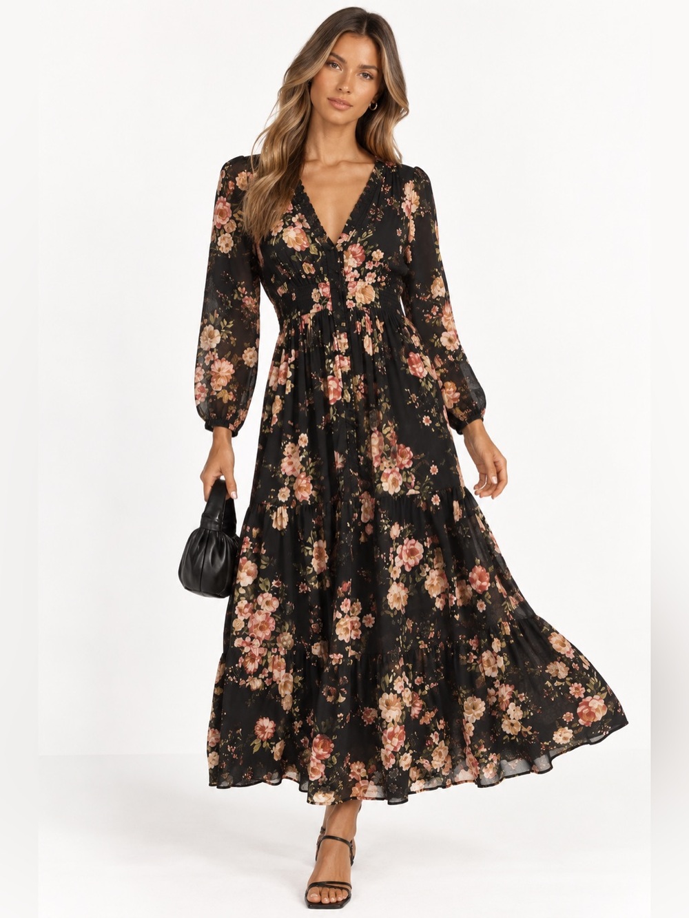 Zara Black Floral Tiered Maxi Dress